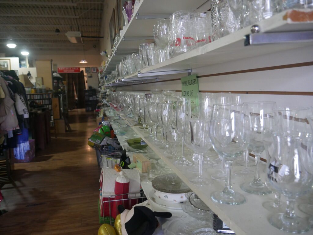 The glassware selection at San Juan Bautista Thrift Store in Lancaster, Pa.